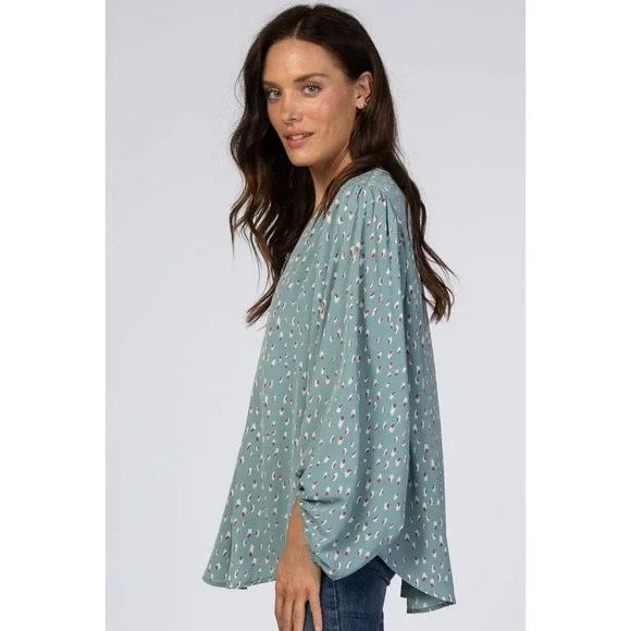 Mint Green Printed V-Neck Bubble long sleeve blouse - Picture 14 of 16